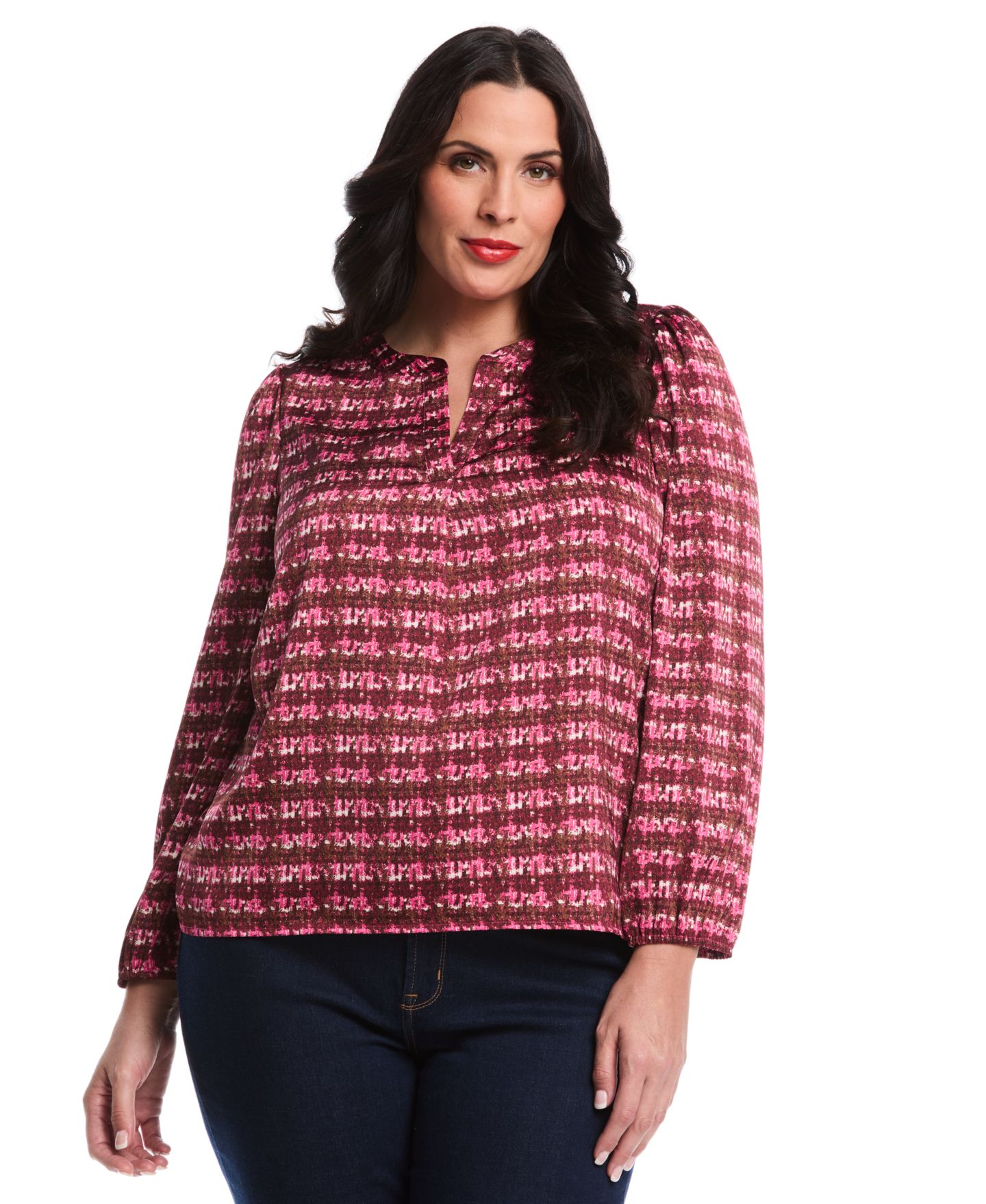 Женский топ Rafaella Plus Size Crosshatch Print Split Neck Long Sleeve Popover, цвет: Фиолетовый — фото 1