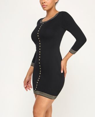 Juniors Lurex Stripe Mini Buttons Fitted Sweater Dress