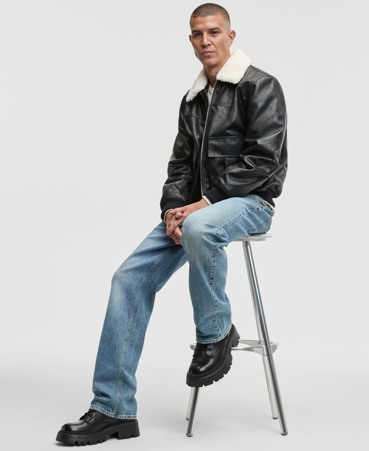 Mode of One Men's Relaxed-Fit Faux-Sherpa-Collar Faux-Leather Bomber Jacket, Macy's Exclusive