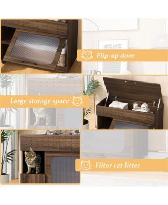 35.5 in. Wooden Multi-use Cat litter box house with Storage Made flip-up door in Walnut