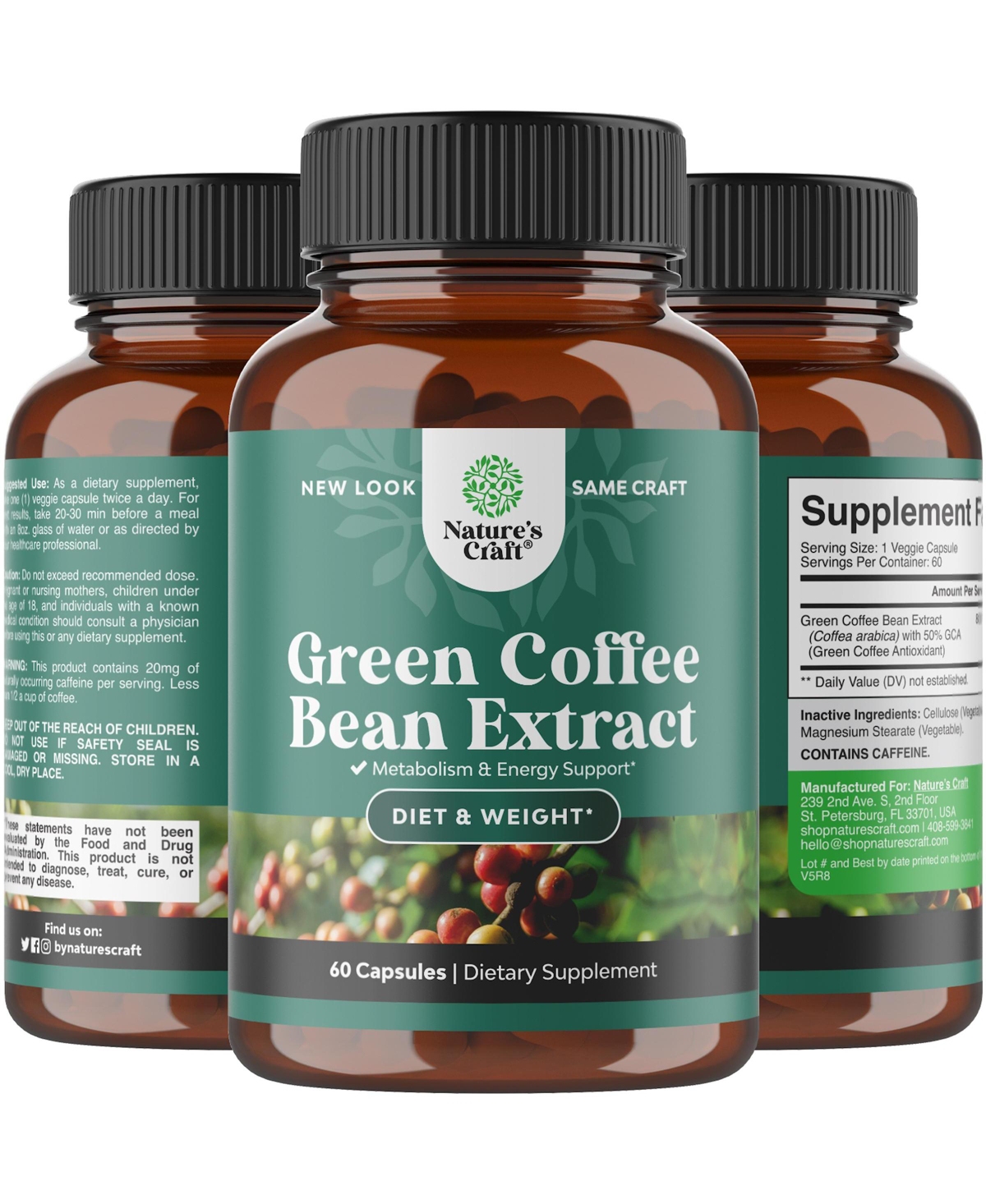 Natural Raw Green Coffee Bean Supplement, Nature's Craft, 60 Capsules