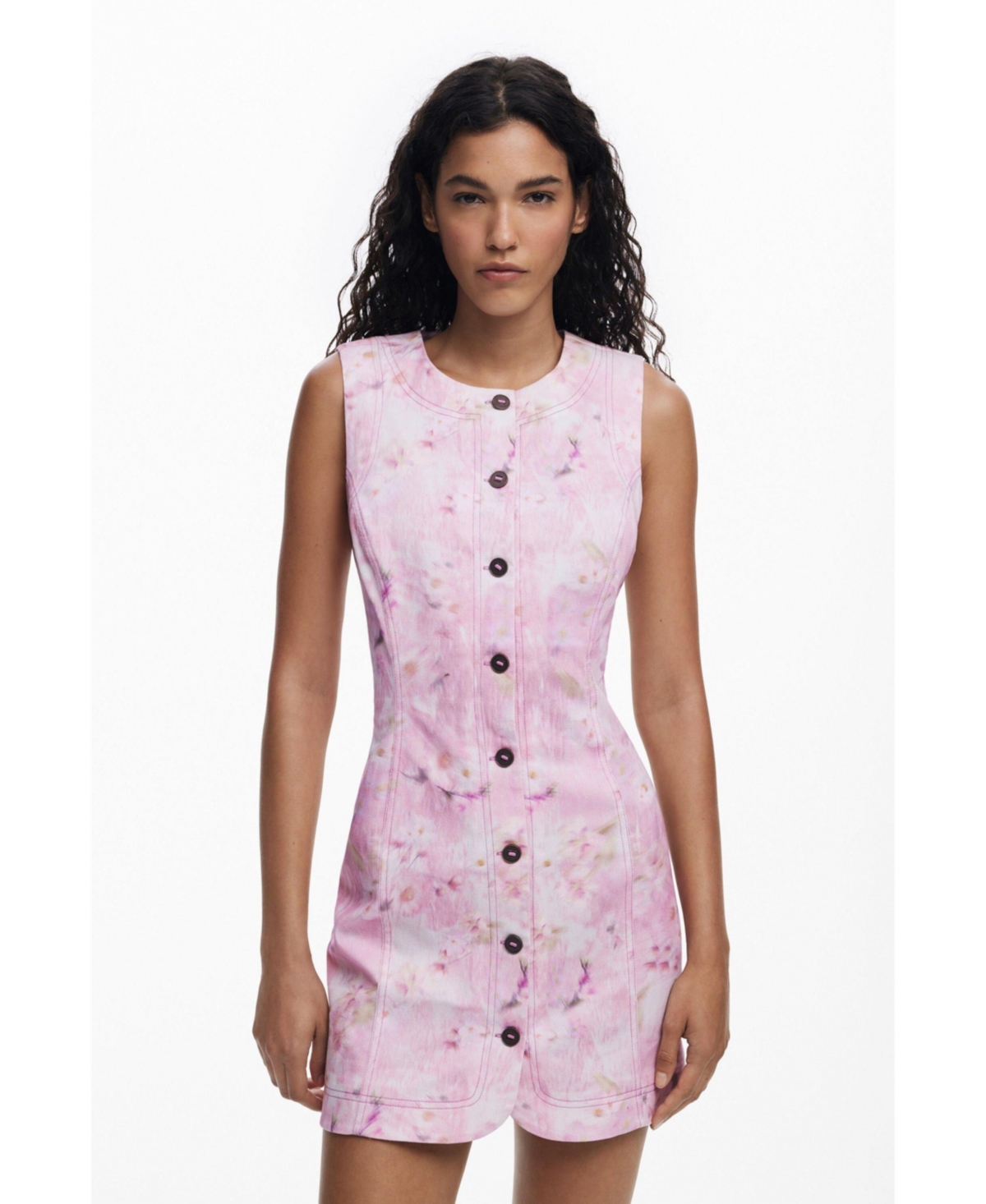 Desigual Floral Sleeveless Button Front Sheath Dress In Pink