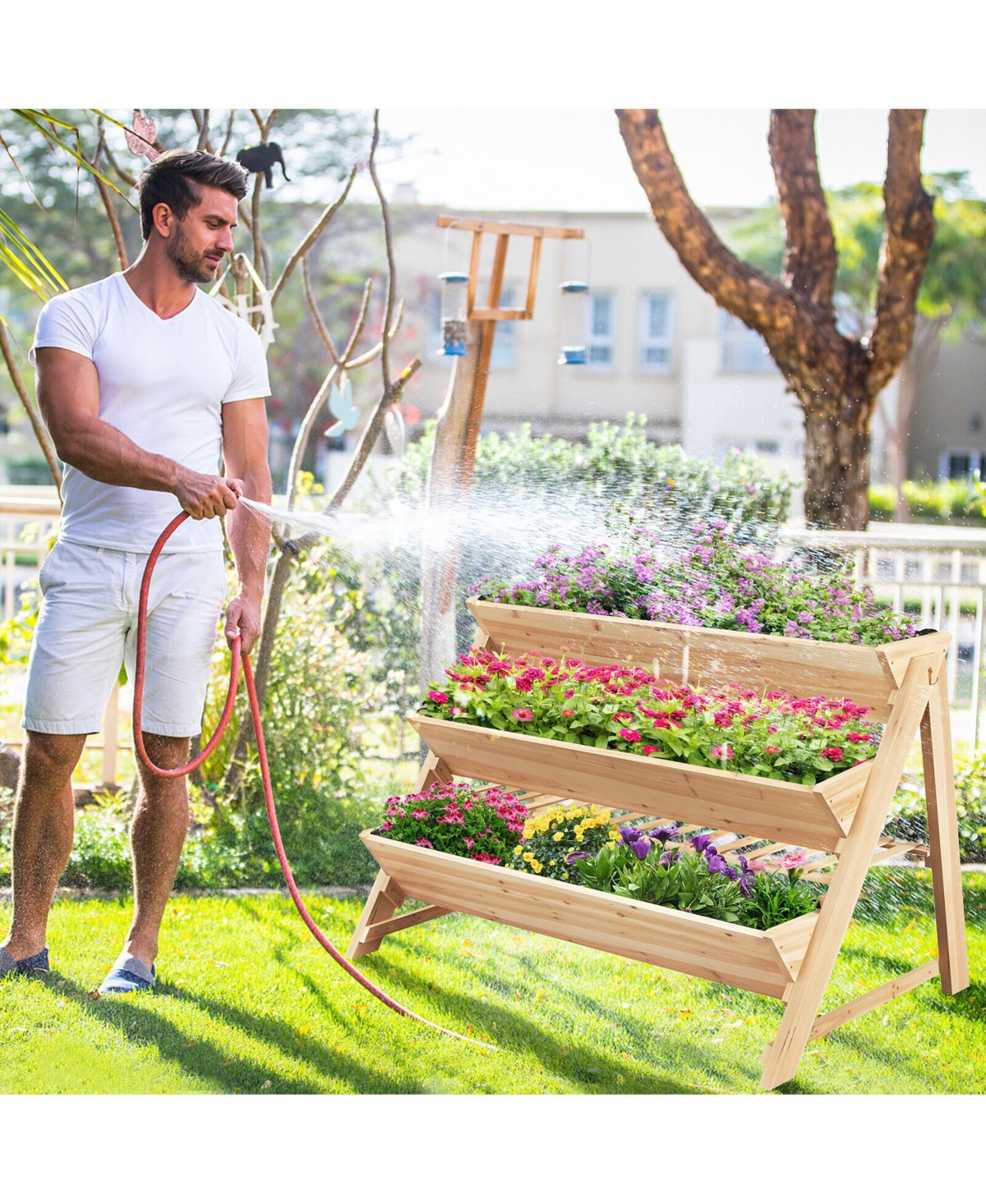 Gymax 3-tier Raised Garden Bed w/2 Side Hooks Storage Shelf Garden Planter for Flowers
