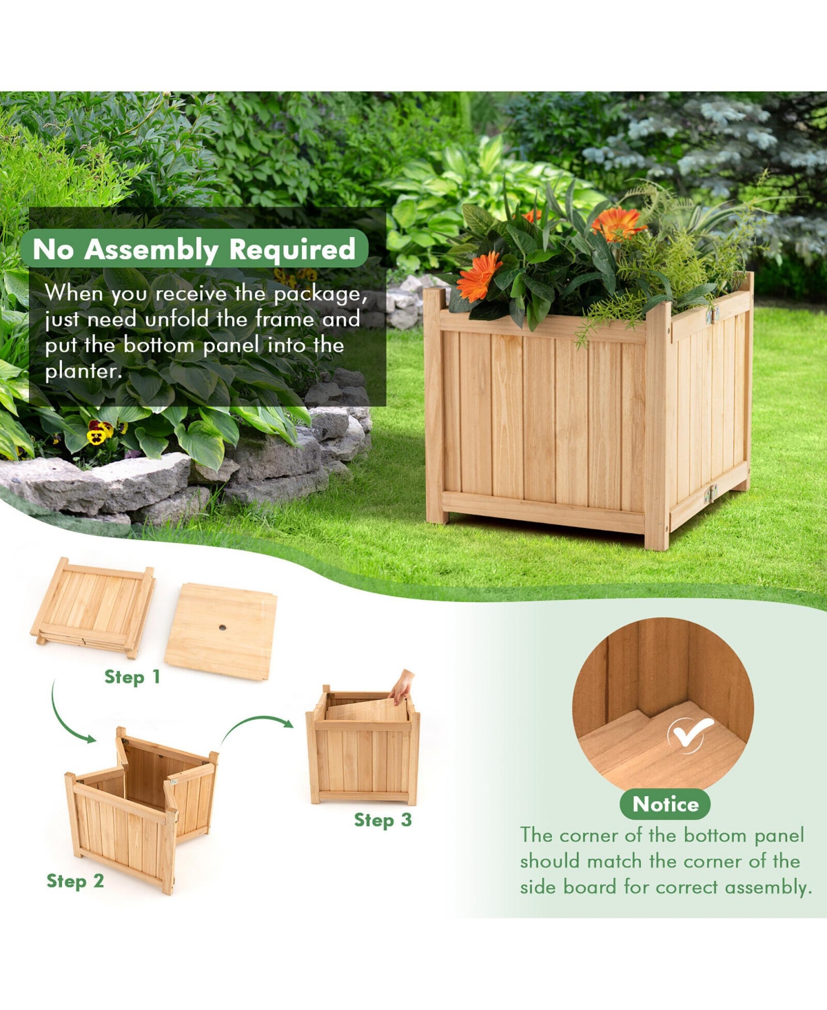 Gymax Garden Wooden Planter Box Folding Raised Outdoor Plant Container w/ Drainage Hole