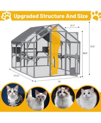 110 in. Outdoor Cat House Cat Enclosures with Platforms Upgrade Waterproof Cover in Gray