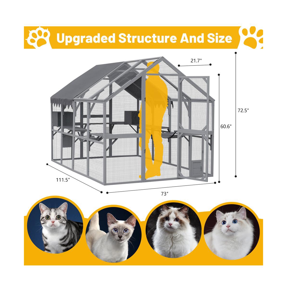 Aostirmotor 110 in. Outdoor Cat House Cat Enclosures with Platforms Upgrade Waterproof Cover in Gray