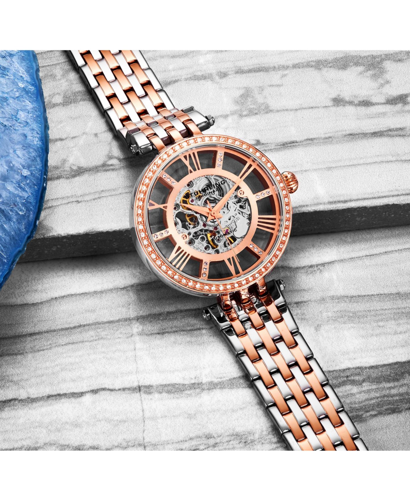Женские часы Stuhrling 3944 Delphi Women s Automatic Skeleton Watch 38mm, Silver-tone, Crystal Bezel, Roman Numerals, Stainless Steel Bracelet, цвет: Розовый золотой — фото 4