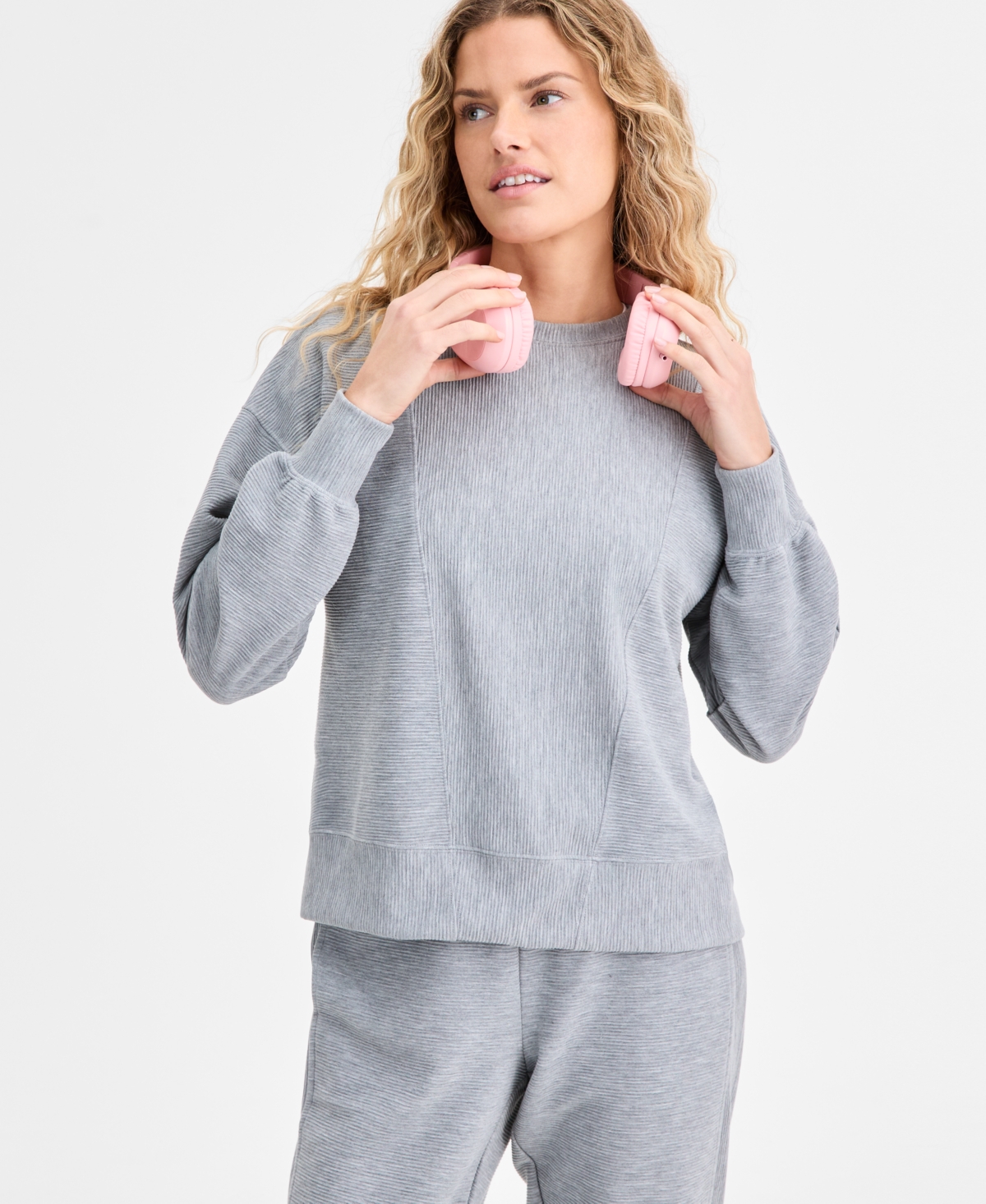 Id Ideology Women's Ribbed Knit Crewneck Sweatshirt, Macy's Exclusive In Gray