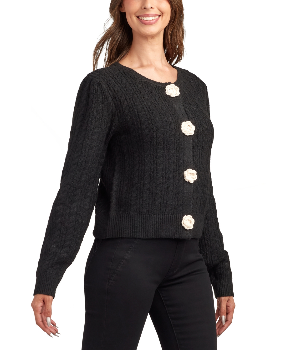 Bcx Juniors' Crewneck Long Sleeve Cardigan Sweater In Black