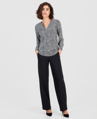 Women's Printed Split-Neck Long-Sleeve Top