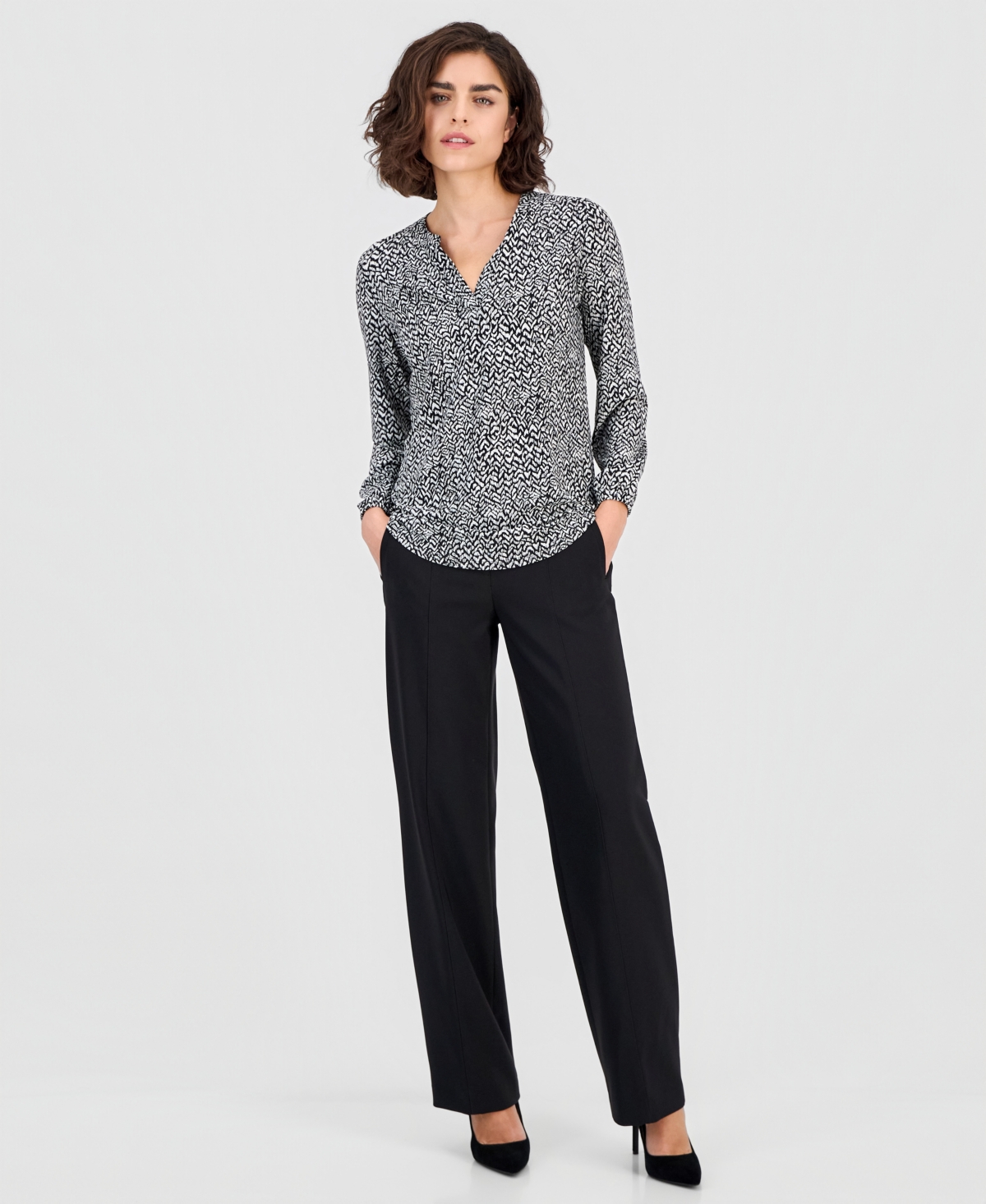 Ak Anne Klein Women's Printed Split-Neck Long-Sleeve Top