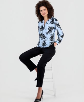 Women's Floral-Print Split-Neck Long-Sleeve Top