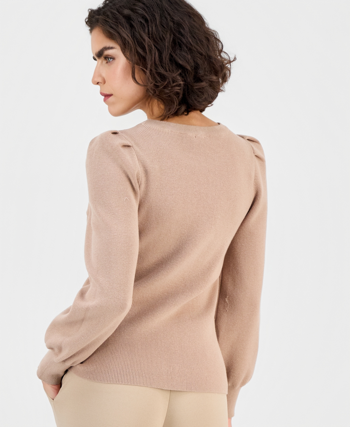 Ak Anne Klein Women's High-crewneck Long-puff-sleeve Sweater In Brown