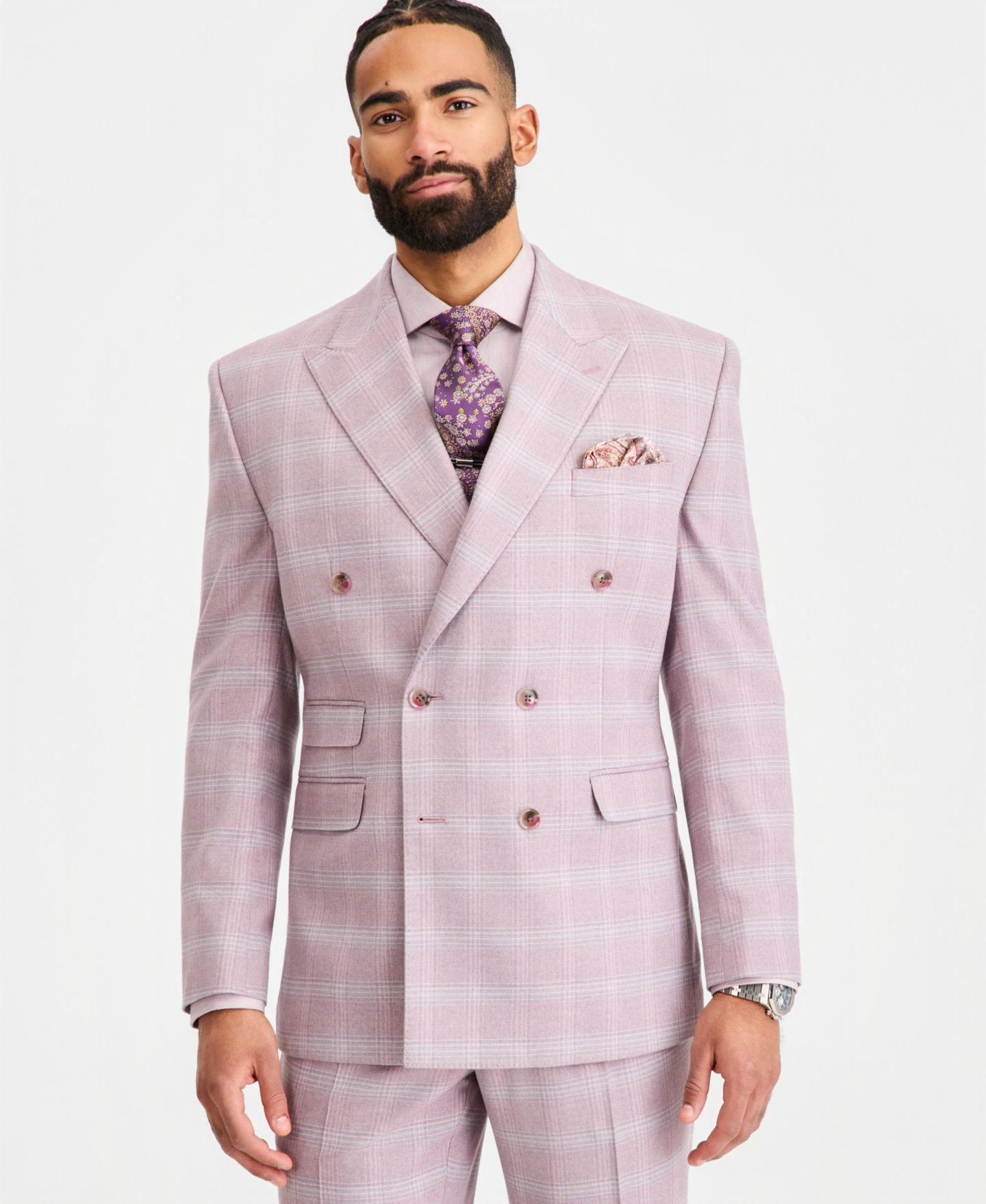 Мужские куртки Tayion Collection Classic-Fit Double-Breasted Windowpane Suit Separates, цвет: Пыльный розовый — фото 1