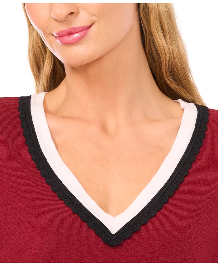 Women's Contrast Collar V-Neck Sweater - thumbnail 5