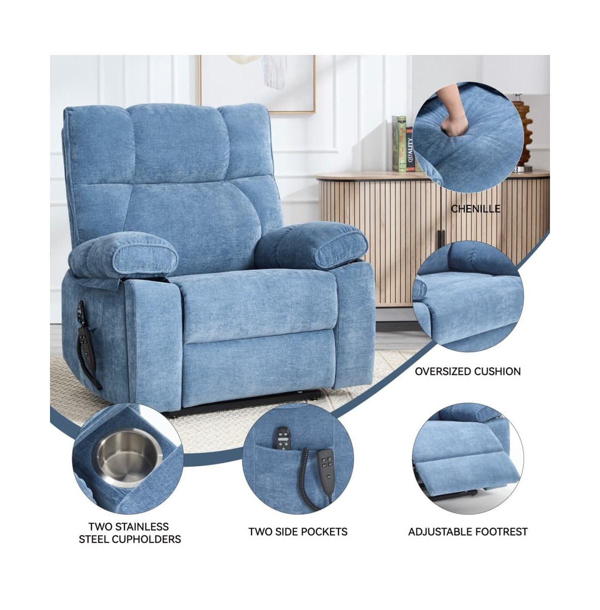 Maison Boucle Oversized Chenille Lift Recliner with Heat & Massage, Cup Holders, Dual Motor Electric Chair for Seniors-Maison
