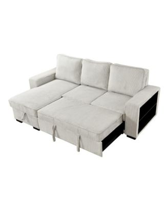 Modern Pull-Out Sofa Bed with Storage Chaise, USB Charging & Bookshelf Arm, Sleeper Sectional Couch for Small Spaces