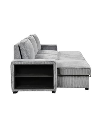 Modern Pull-Out Sofa Bed with Storage Chaise, USB Charging & Bookshelf Arm, Sleeper Sectional Couch for Small Spaces