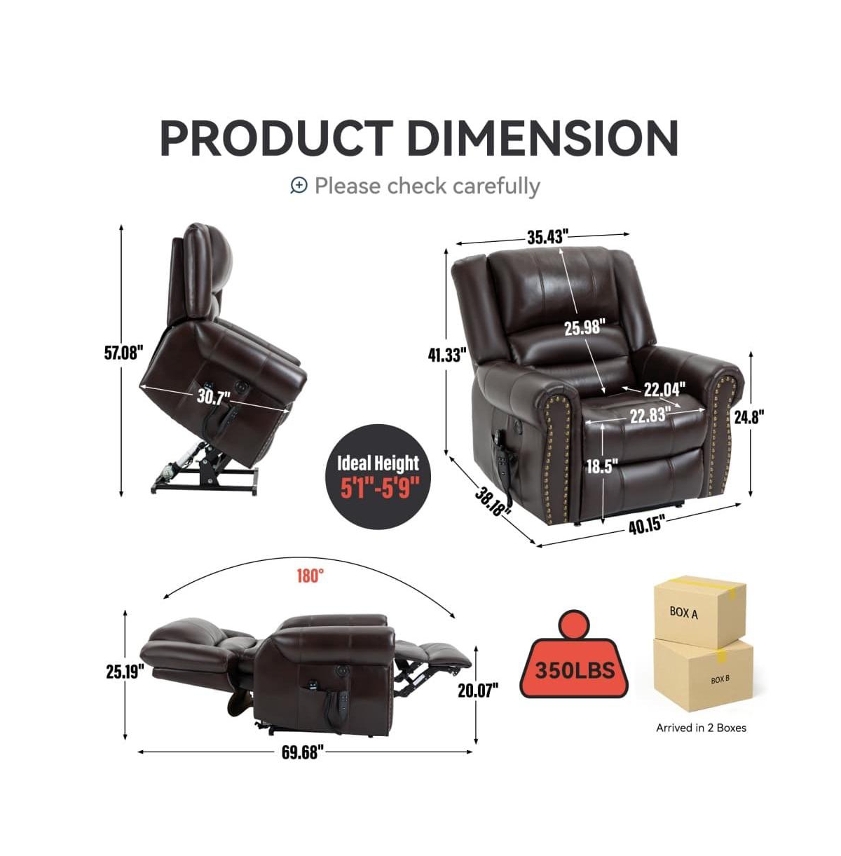 Faux Leather Power Lift Recliner with Massage & Heat, Usb Ports, Dual Motor Infinite Position Electric Chair-Maison Boucle