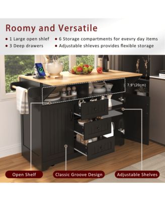 55.7" Rolling Kitchen Island with Dual Drop Leaves, Power Outlet, Storage Drawers & Cabinets