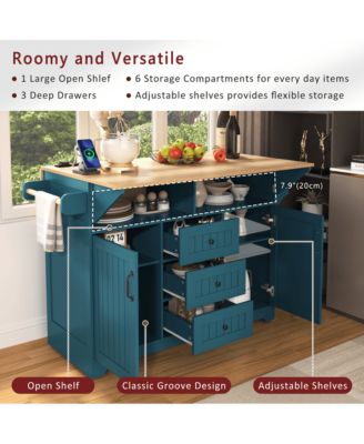 55.7" Rolling Kitchen Island with Dual Drop Leaves, Power Outlet, Storage Drawers & Cabinets