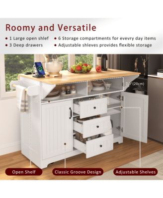 55.7" Rolling Kitchen Island with Dual Drop Leaves, Power Outlet, Storage Drawers & Cabinets