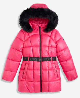 Girls 7-16 Active Belted Stadium Puffer Coat With Faux-Fur Trim