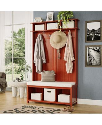 Solid Wood White Hall Tree 8 Pair Shoe Storage Bench 4 Bins and 6 Hooks White
