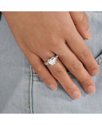 5CT Princess Cubic Zirconia Asscher Cut Solitaire Promise Statement Ring CZ Baguette Side Stones Thin Band Sterling Silver