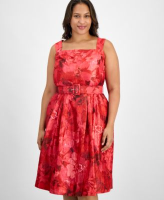 Plus Size Jacquard Belted Fit & Flare Dress