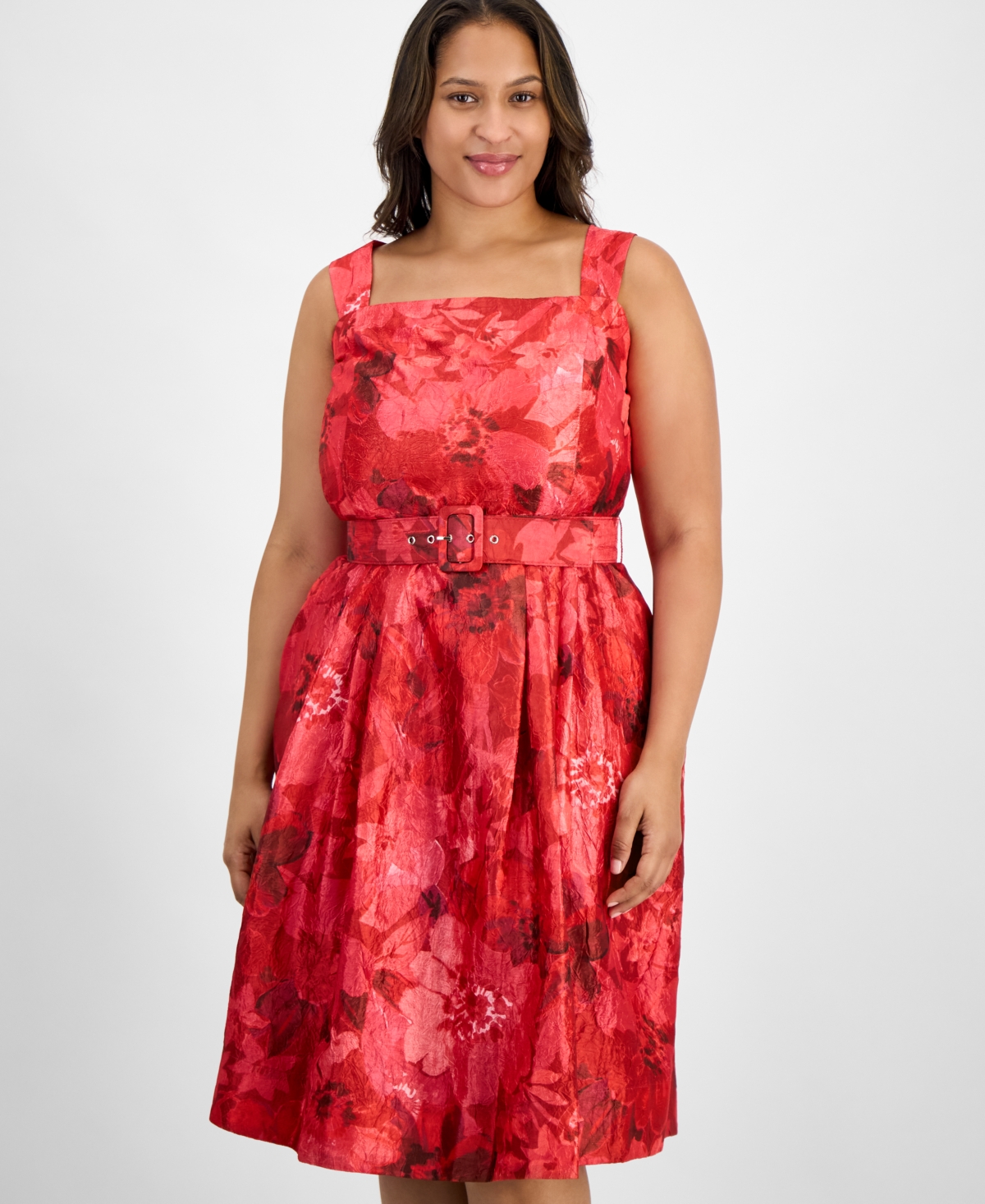 Tahari Asl Plus Size Jacquard Belted Fit & Flare Dress