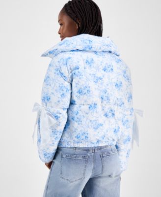 Juniors' Printed Bow-Trim Puffer Jacket