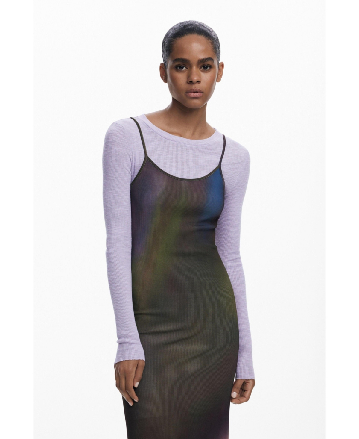 Desigual Maxi Slipdress And Long Sleeve Top Set In Gray