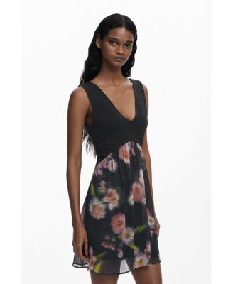 Women's Short dress with floral bimaterial