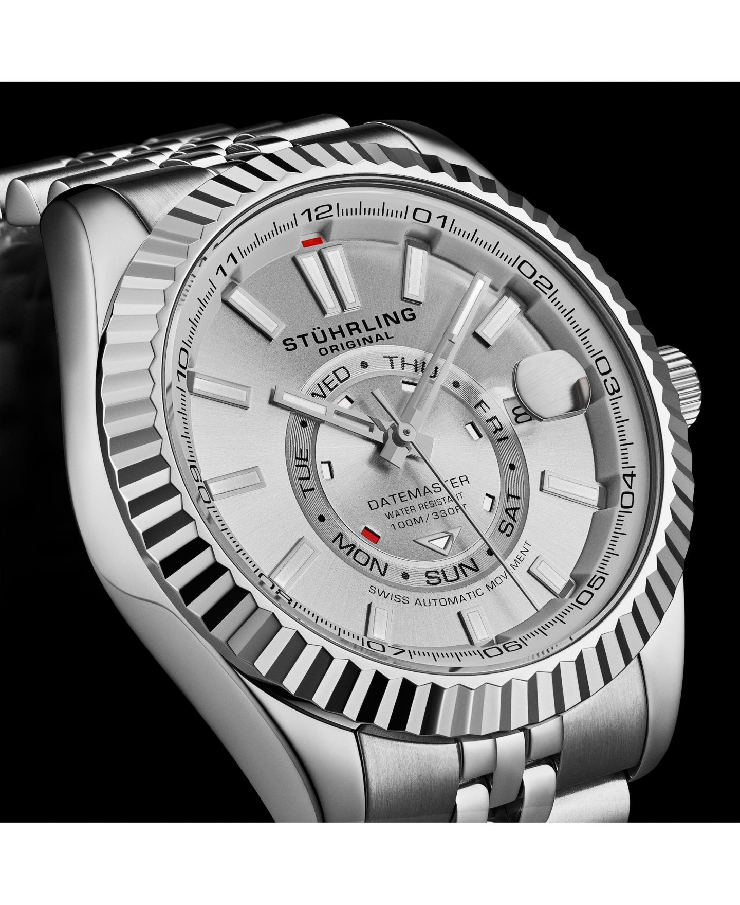 Мужские часы Stuhrling Datemaster II Swiss Automatic 42mm Stainless Steel Watch, Silver Dial, Fluted Bezel, Day & Date, 100M Water Resistant, цвет: Серебряный — фото 6
