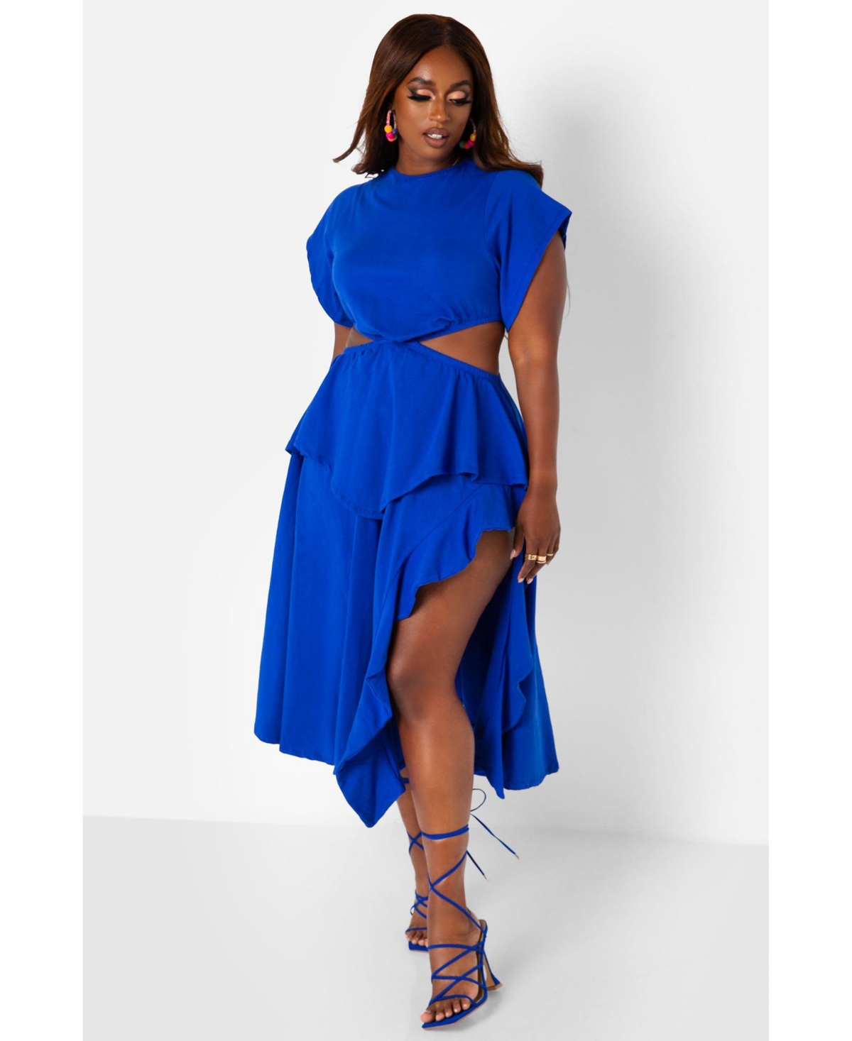 Rebdolls Plus Cut Out High Slit Midi Skater Dress - Royal Blue