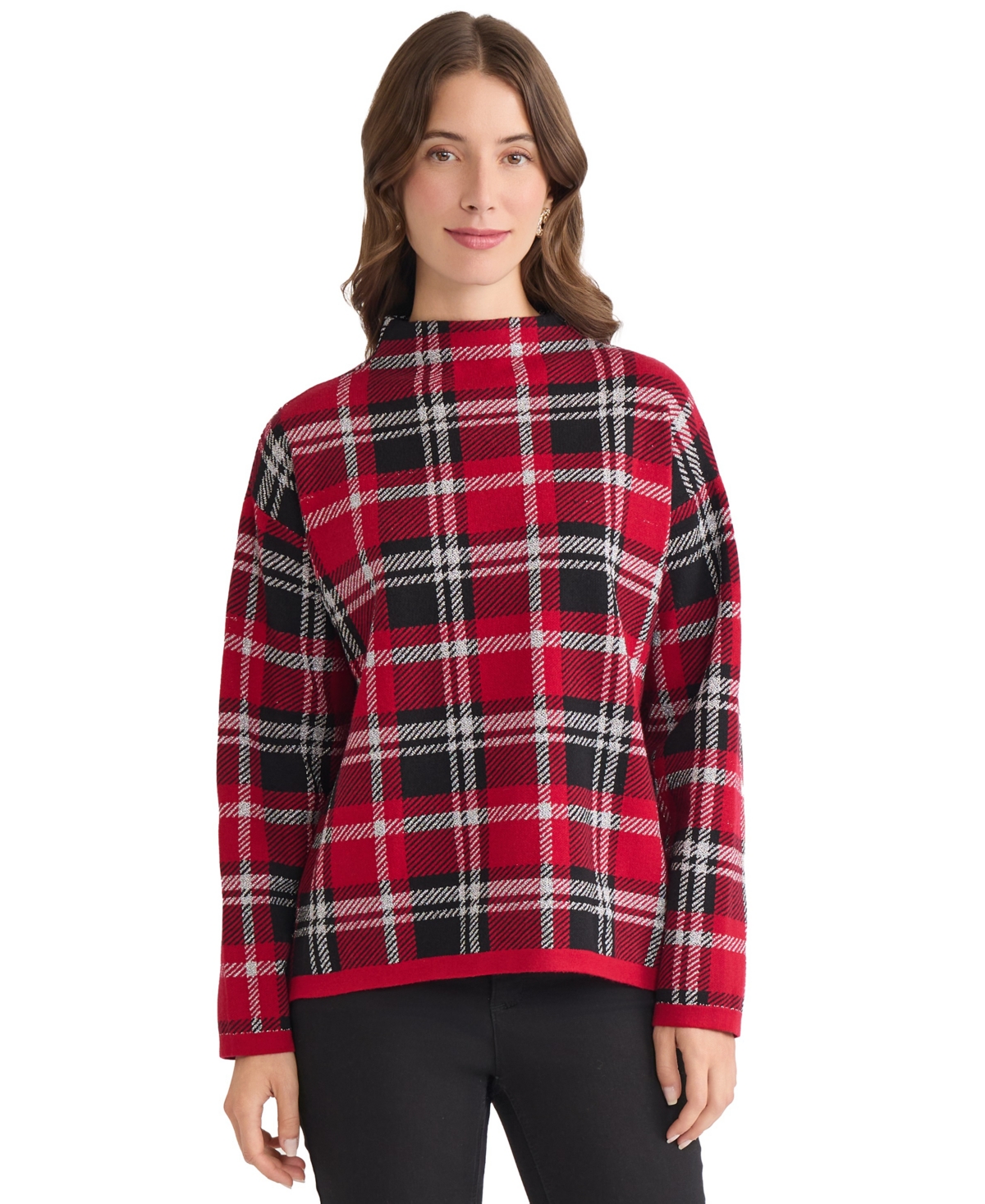 Jones New York Petite Plaid Long Sleeve Sweater In Multi