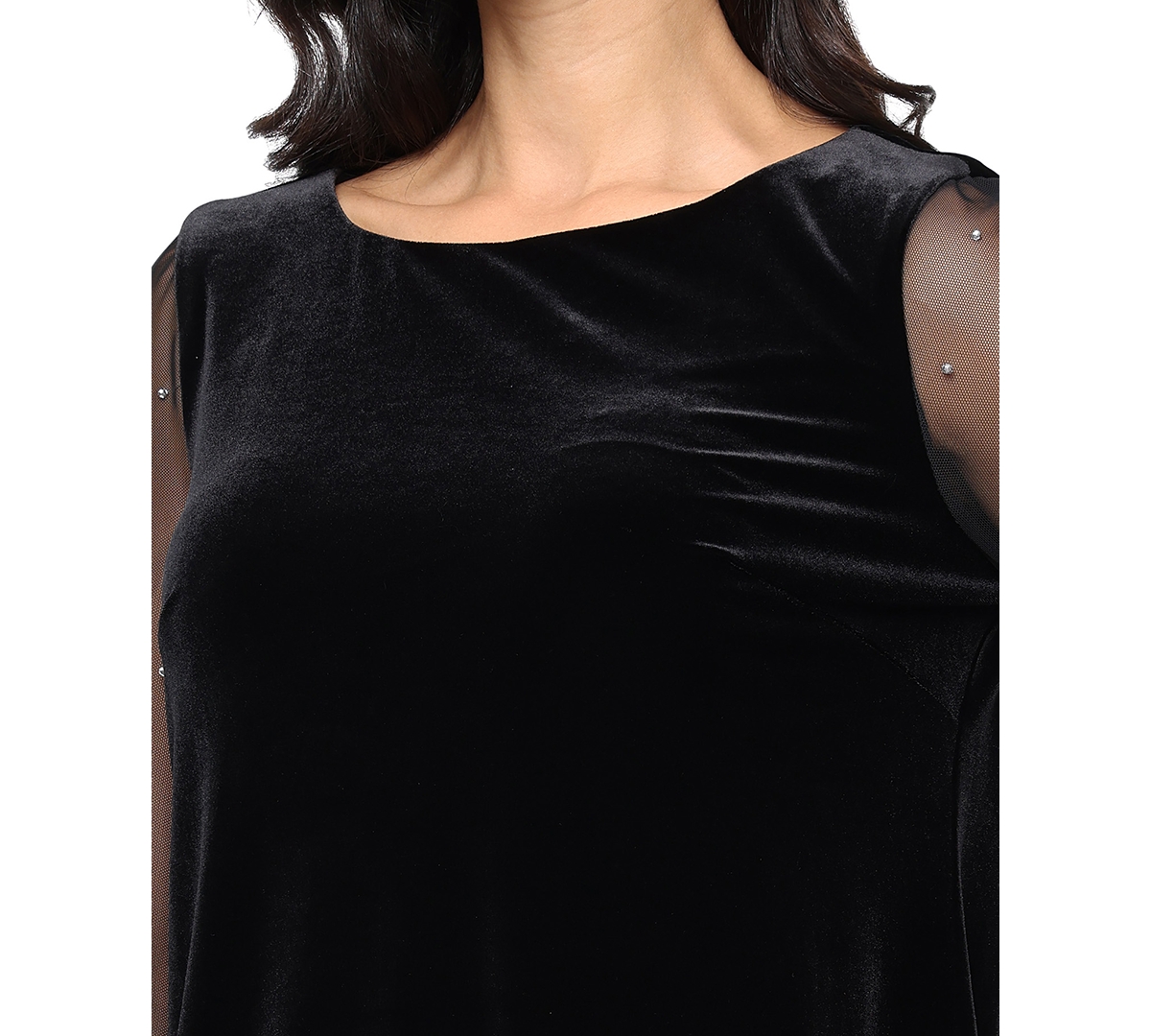 Alex Evenings Sheer Rhinestone Sleeve Velvet Blouse In Black
