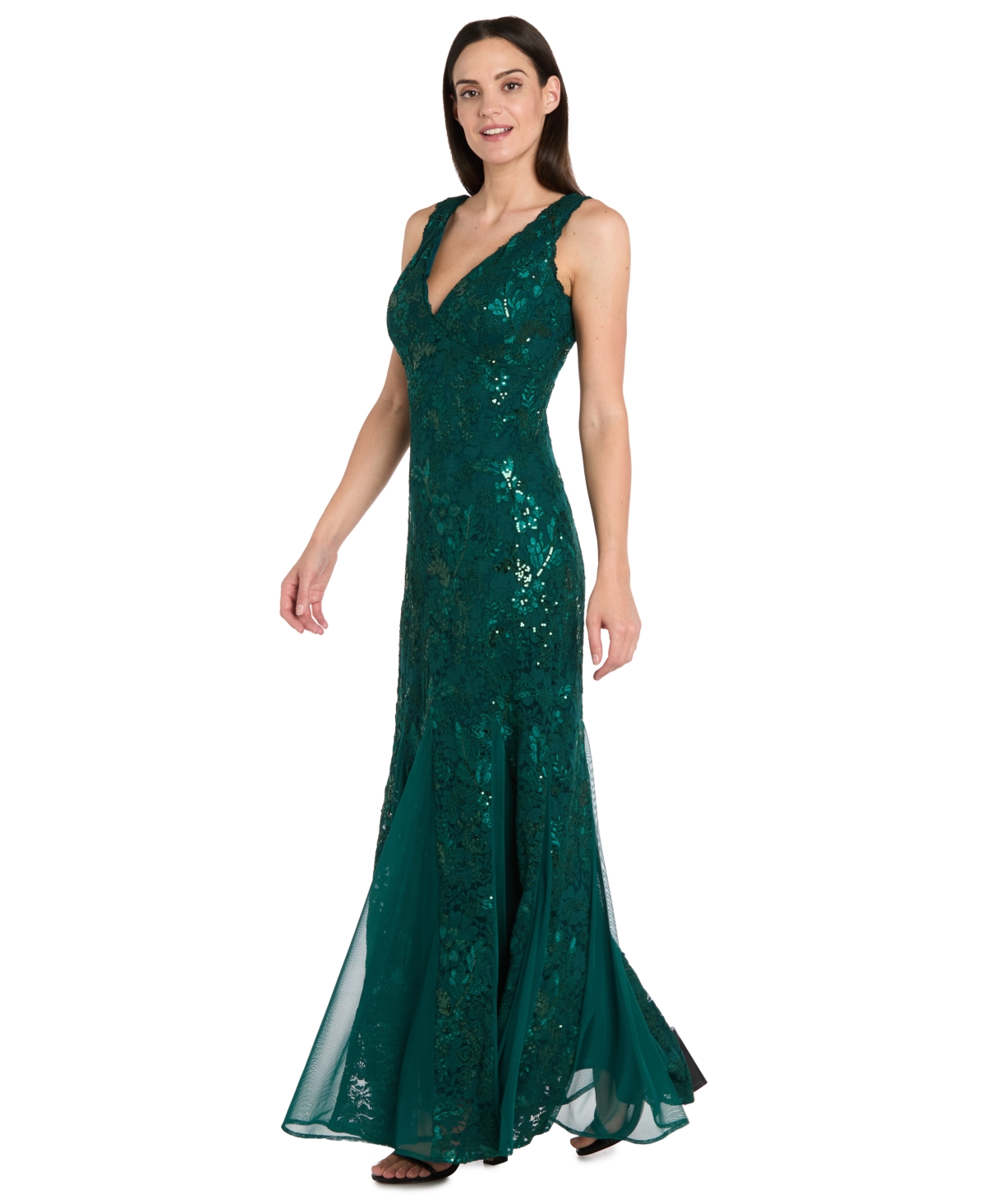 R & M Richards Women's Lace & Sequin V-neck Sleeveless Gown In Green