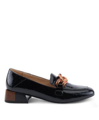 Women's Baldwin Patent Leather Loafers with Croco Texture, Gold Lucite Chain Bit, Faux Wood Heel, and Cushioned Insole –Slip-Ons for Everyday