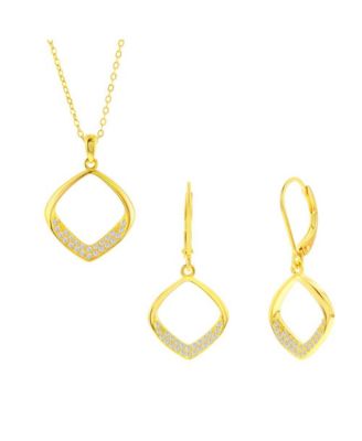 Sterling Silver, Pave CZ Diamond-Shaped Necklace & Earrings Set