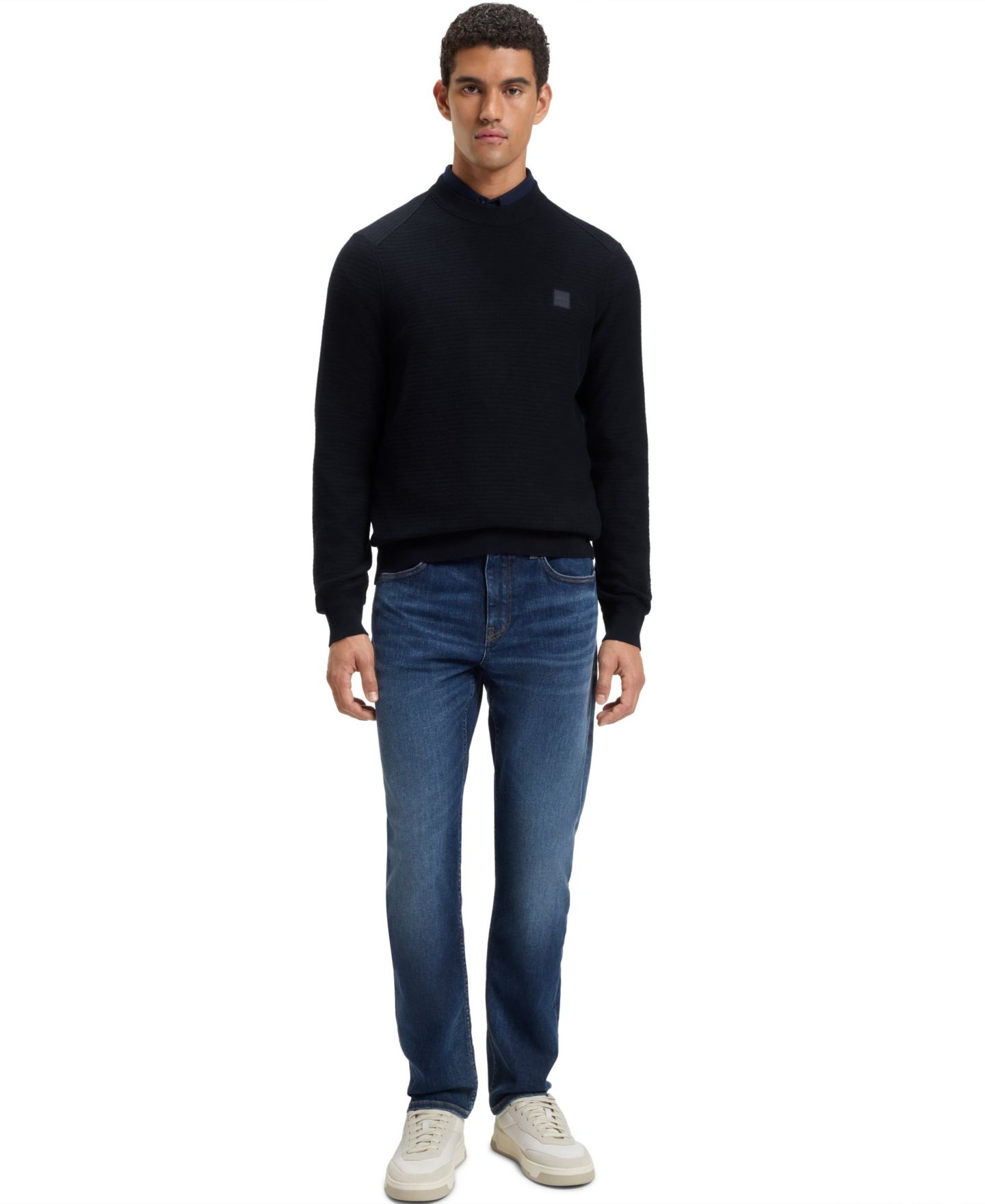 Мужской свитер Hugo Boss Cashmere Cotton Logo Patch Structured, цвет: Тёмный синий — фото 3