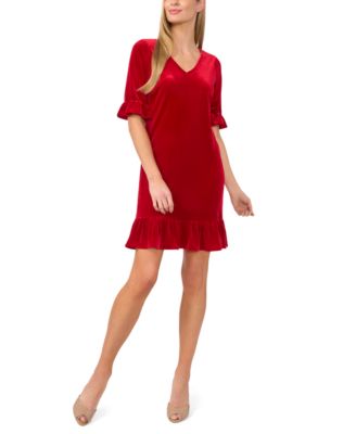 CeCe - Women's Velvet Elbow-Sleeve Ruffle-Trim Shift Dress