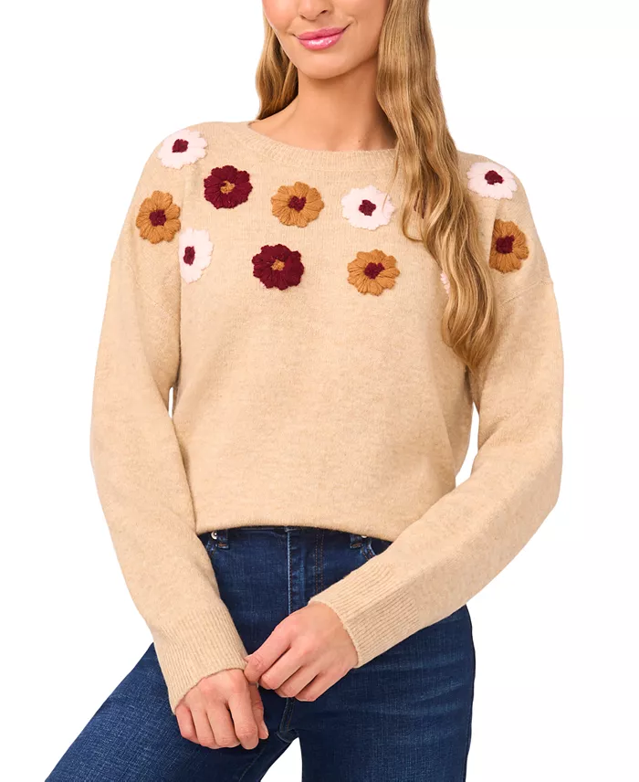 Women's Multicolor Embroidered Flower Long Sleeves Sweater - thumbnail 4