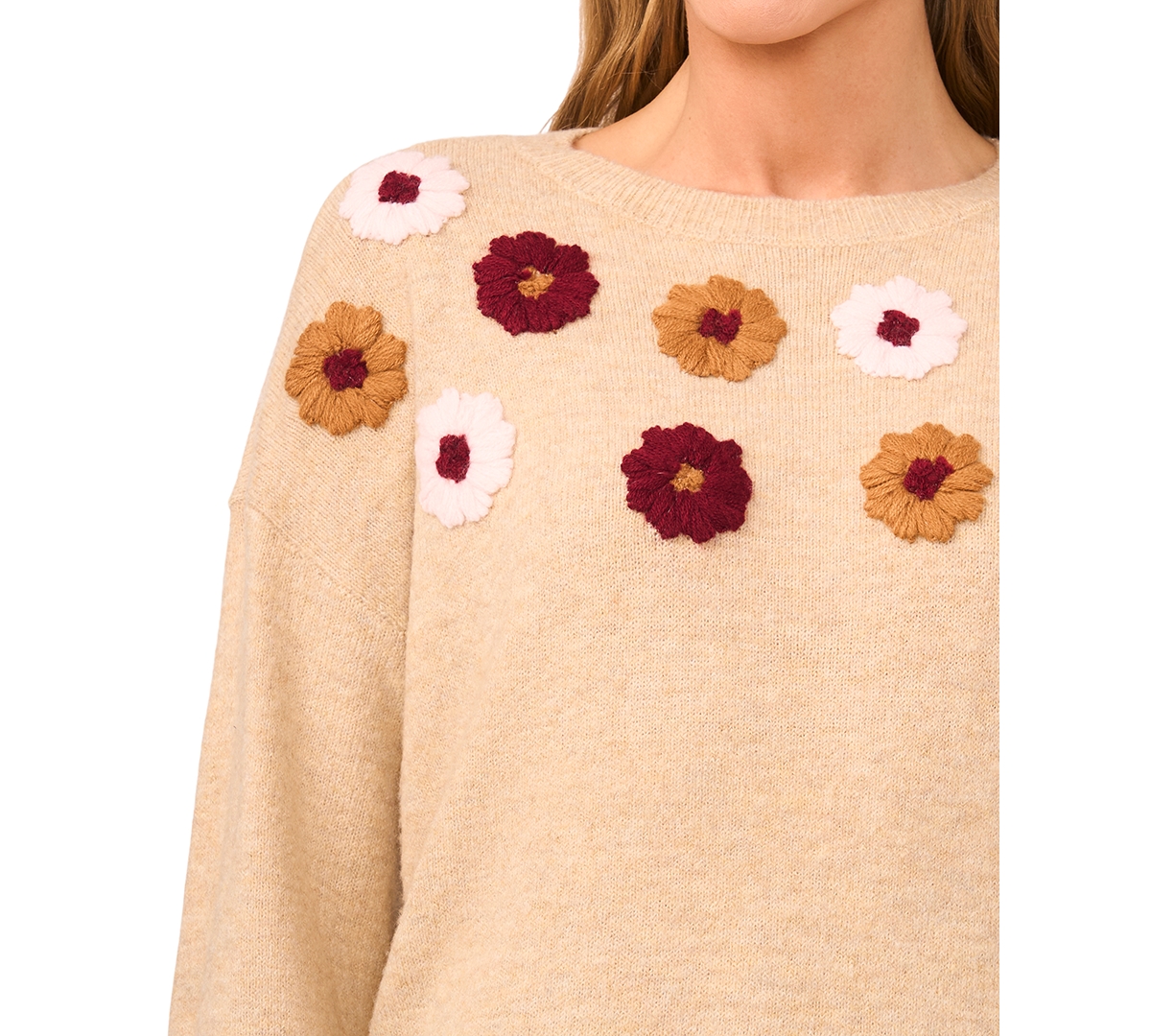 CeCe Women's Multicolor Embroidered Flower Long Sleeves Sweater