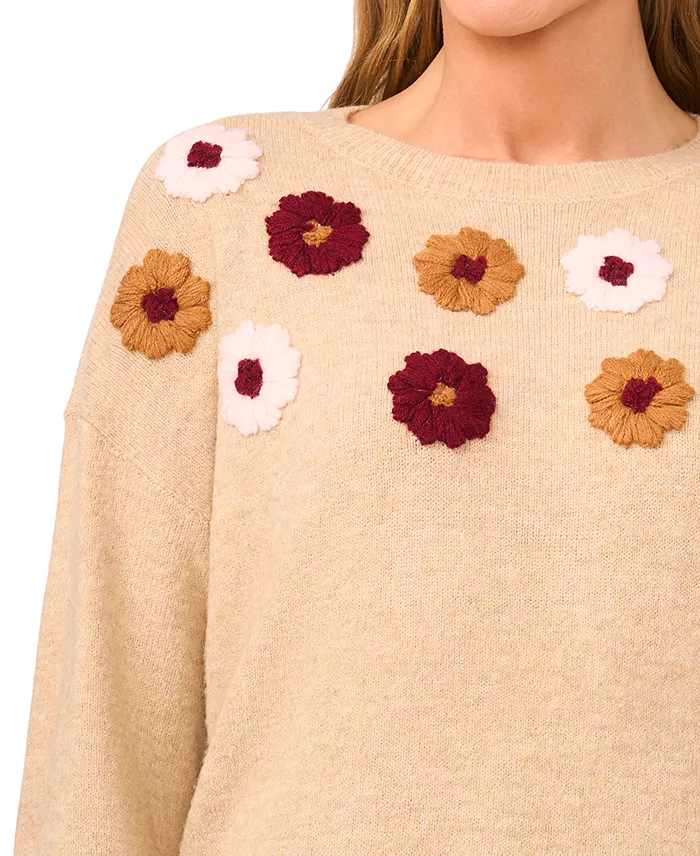 Women's Multicolor Embroidered Flower Long Sleeves Sweater - thumbnail 6
