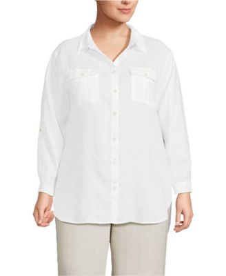 Plus Size Linen Roll Sleeve Relaxed Tunic Top