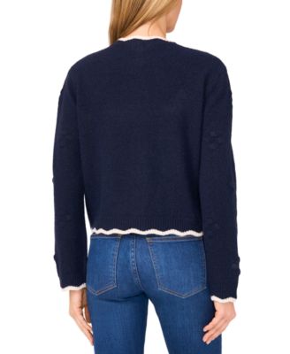 Women's Scallop Edge Pom Knit Long Sleeves Cardigan