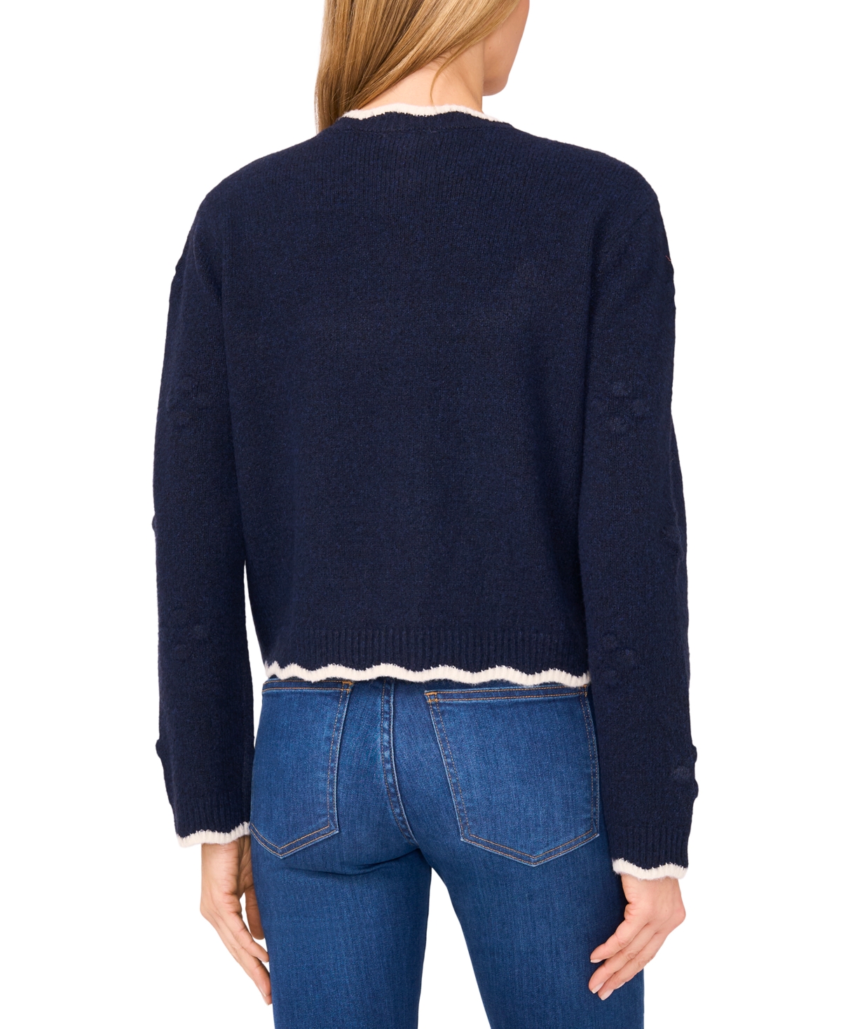 Cece Women's Scallop Edge Pom Knit Long Sleeves Cardigan In Blue