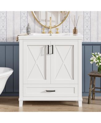 30" Bathroom Vanity with Sink, Solid Wood Frame and MDF, 2 Soft-Close Doors, Drawer and Storage Shelves